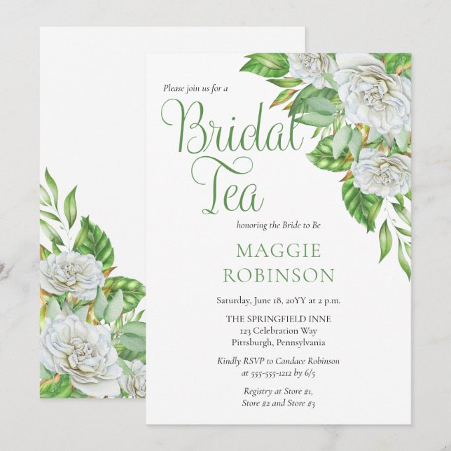 Invitación Rosas blancas | Té nupcial floral verde de Boho (Anverso / Reverso)