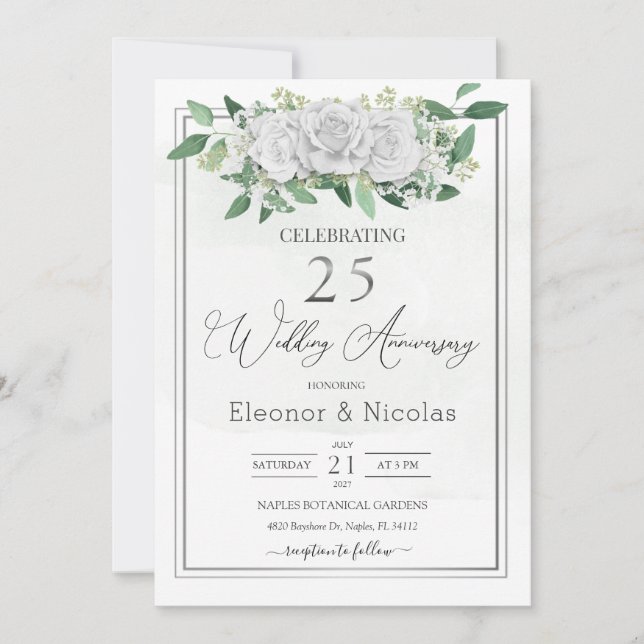 Invitación Rosas Blancas Vegetación 25 Aniversario de Bodas (Anverso)