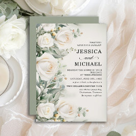 Invitación Rosas blancas Verde elegante boda