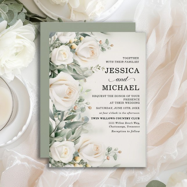 Invitación Rosas blancas Verde elegante boda (Elegant white roses wedding invitation)