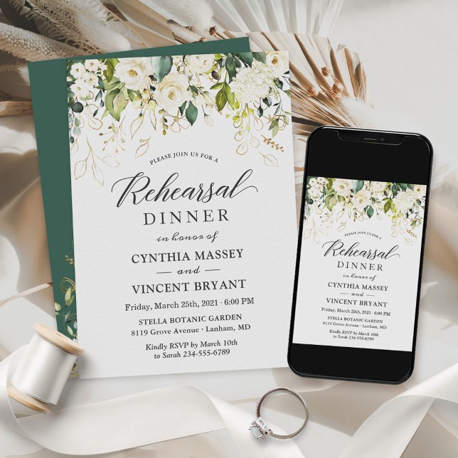 Invitación Rosas blancas Verdor Ensayo Floral Cena (Subido por el creador)