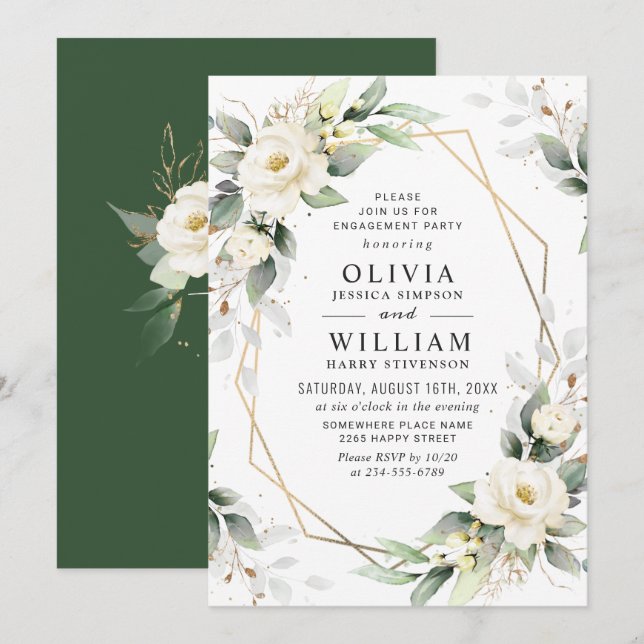 Invitación Rosas Blancas Verdor Floral Compromiso Fiesta (Anverso / Reverso)