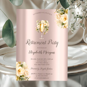 Invitación Rosas blancas, vidrio de champán, retiro de oro de