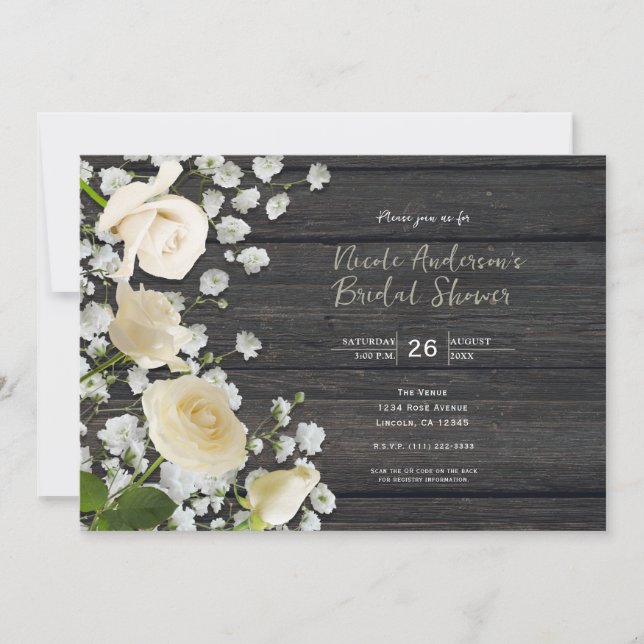 Invitación Rosas Blancas y Aliento de Bebe en Regadera de Bod (Anverso)