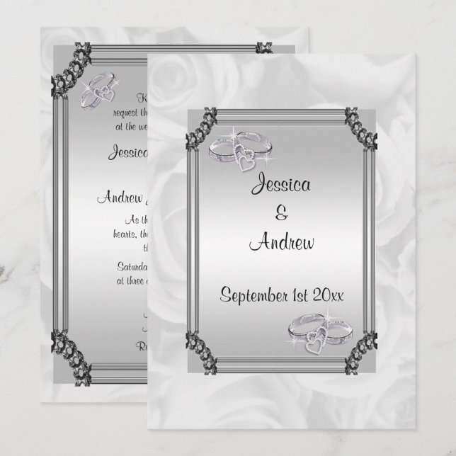 Invitación Rosas blancas y anillos Bodas de diamantes (Anverso / Reverso)