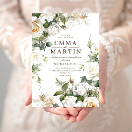 Invitación Rosas blancas y Boda elegante de flores de polvo d