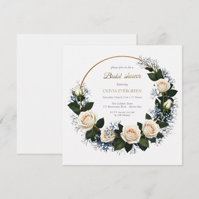 Invitación Rosas blancas y ducha de novia en el aliento del b (Anverso / Reverso)