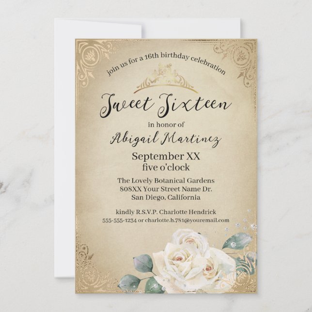 Invitación Rosas Blancas y Dulce Vintage Gold Dieciséis (Anverso)