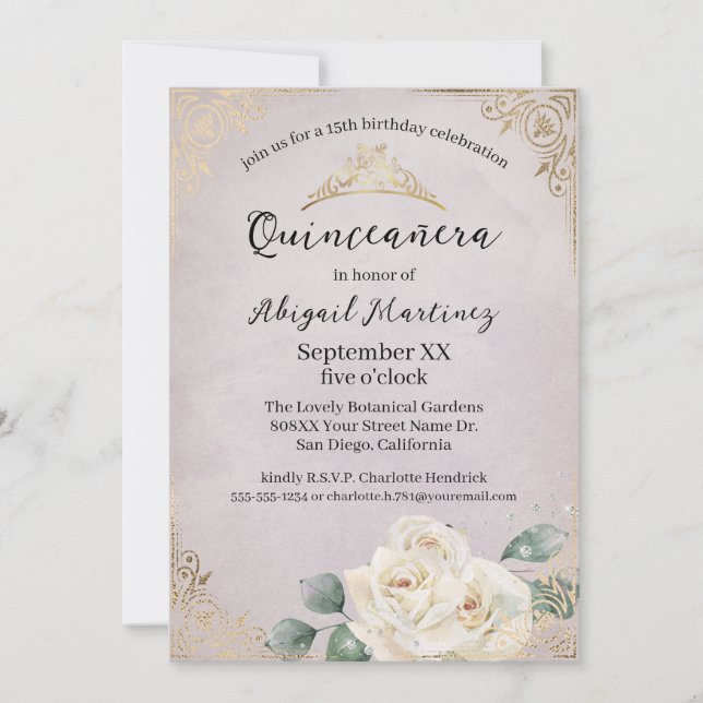 Invitación Rosas blancas y lavanda dorada Quinceanera (Anverso)