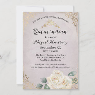 Invitación Rosas blancas y lavanda dorada Quinceanera