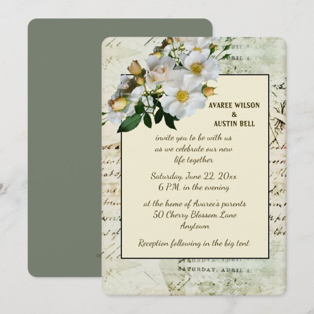 Invitación Rosas blancas y marco de cosecha verde (Anverso / Reverso)