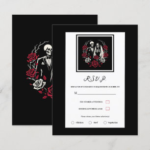 Invitación Rosas Blancas y Negras Esqueleto Boda RSVP