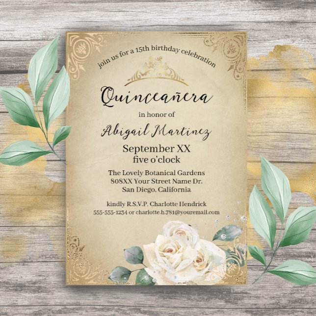 Invitación Rosas blancas y quinceanera dorada (Subido por el creador)