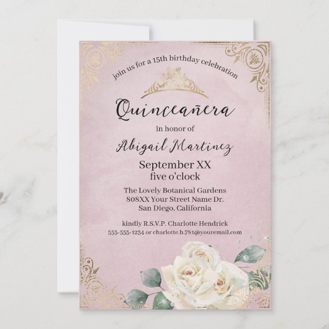 Invitación Rosas blancas y quinceanera rosa dorada (Anverso)