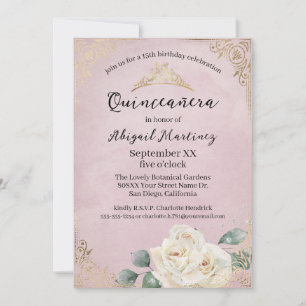 Invitación Rosas blancas y quinceanera rosa dorada