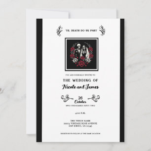 Invitación Rosas Blancas y Rojas Negras Esqueleto Boda de Par