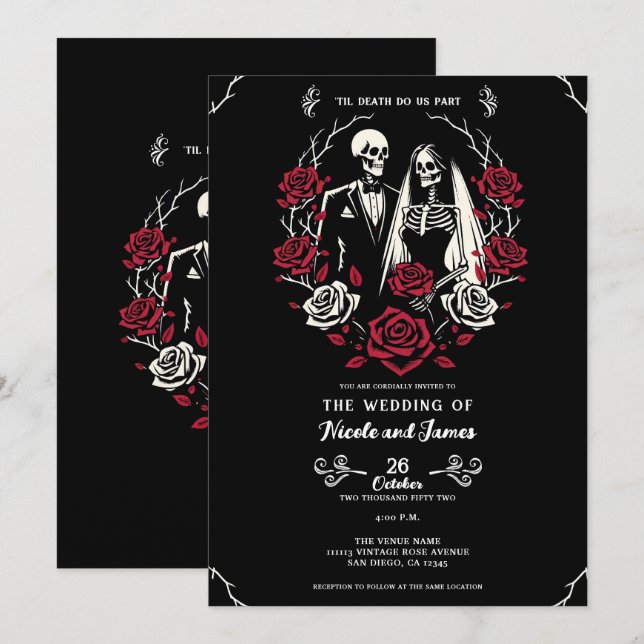Invitación Rosas Blancas y Rojas Negras Esqueleto Boda de Par (Anverso / Reverso)