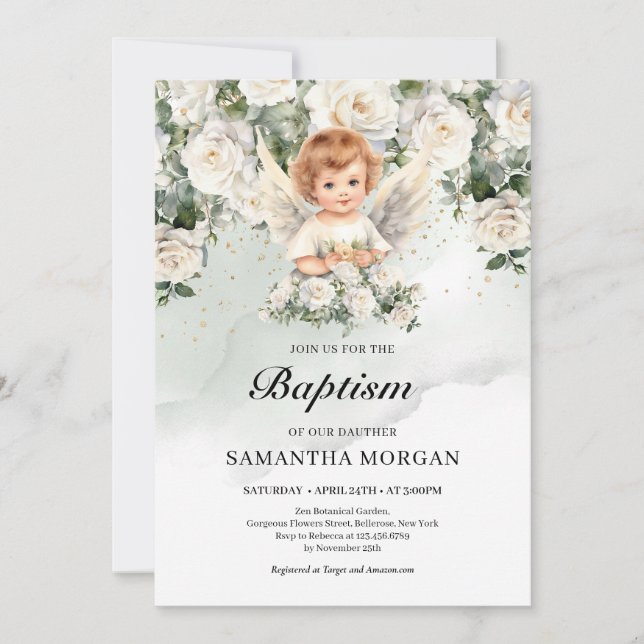 Invitación Rosas blancas y verde y oro (Anverso)