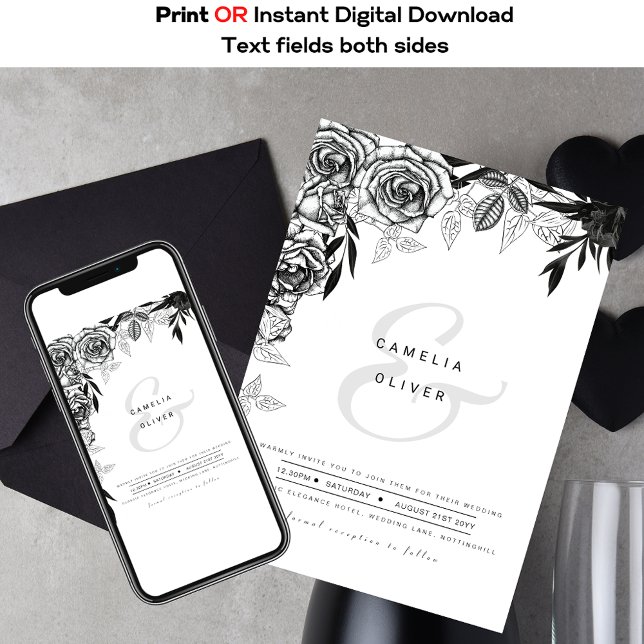 Invitación Rosas blancos negros Gótico impreso o Boda digital (Subido por el creador)