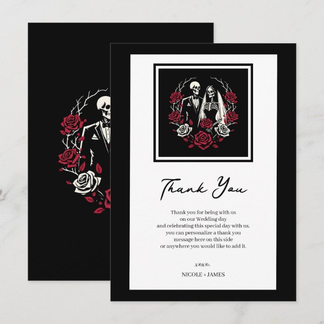 Invitación Rosas blancos rojos y negros Boda de esqueletos gr (Anverso / Reverso)