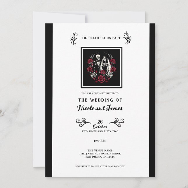 Invitación Rosas blancos rojos y negros esqueletos Boda de pa (Anverso)