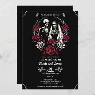 Invitación Rosas blancos rojos y negros esqueletos Boda de pa