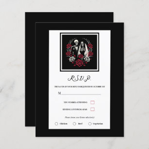 Invitación Rosas blancos rojos y negros Skeleton Wedding RSVP