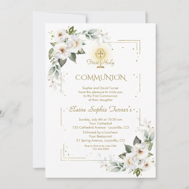 Invitación Rosas blancos salvajes Purpurina de oro Primera Co (Anverso)