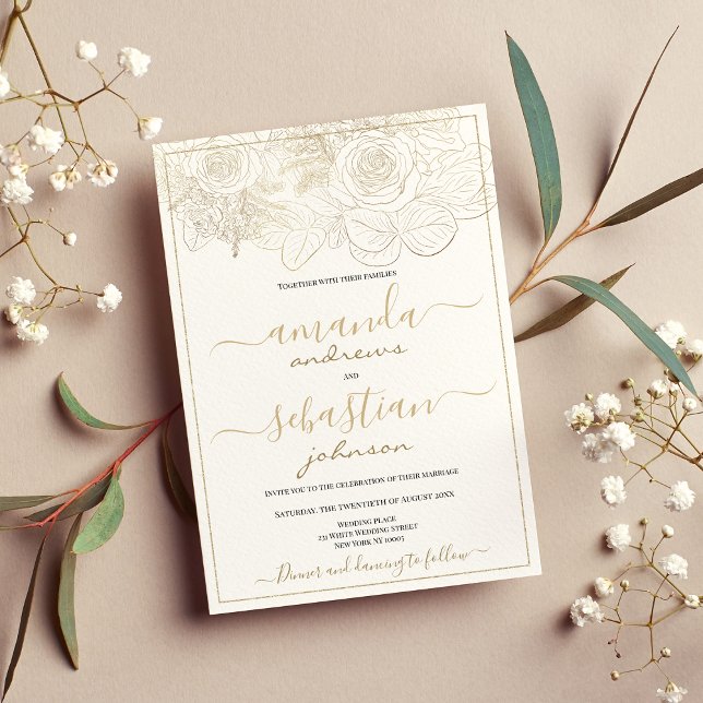 Invitación Rosas blancos y dorados de clase boda de flores (Classy white and gold roses floral wedding invitation )