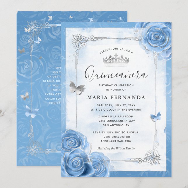 Invitación Rosas Blue de Bahama Plateado Elegante Quinceanera (Anverso / Reverso)