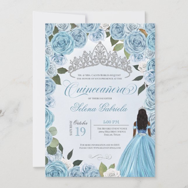 Invitación Rosas Blue del Princess Ball Cinderella Quinceaner (Anverso)