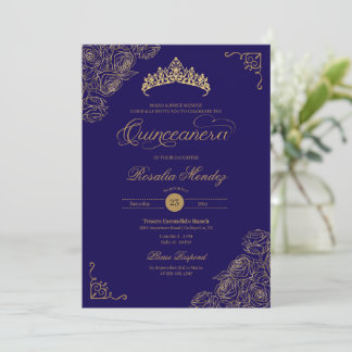 Invitación Rosas Blue & Gold Elegantes Quinceañera