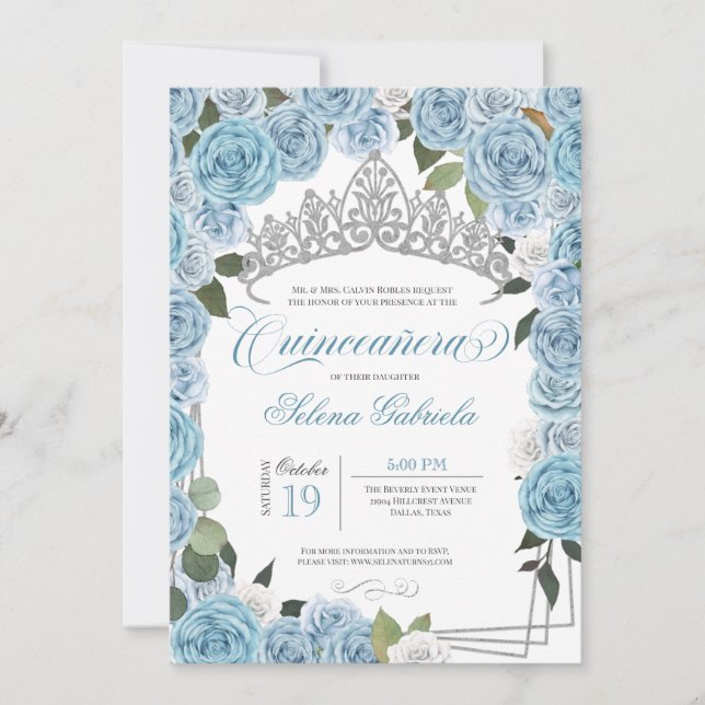 Invitación Rosas Blue Light de la Princesa Tiara V2 Quinceane (Anverso)