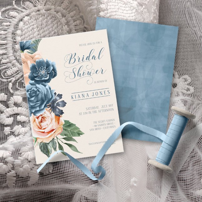 Invitación Rosas Blue/Peach Boda Bridal Shower ID584 (Front/Back In Situ)