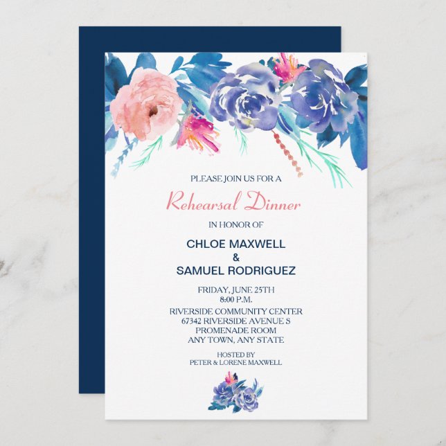 Invitación Rosas Blue Peach Bouquet Boda ensayo Cena (Anverso / Reverso)