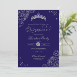 Invitación Rosas Blue & Silver Elegantes Quinceañera