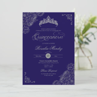 Invitación Rosas Blue & Silver Elegantes Quinceañera