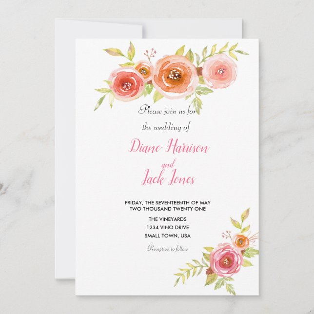 Invitación Rosas Boda acuarela floral (Anverso)