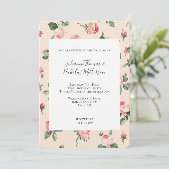 Invitación Rosas Boda de Crema Rosa Floral (Anverso de pie)