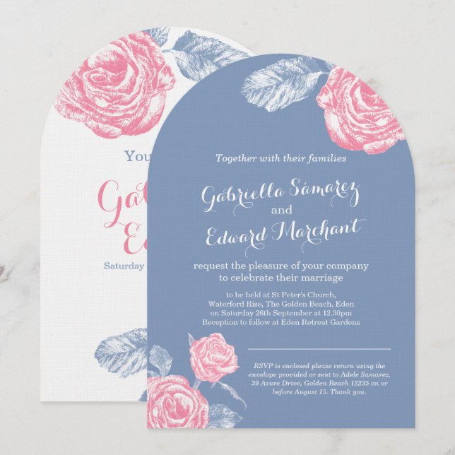 Invitación Rosas boda rosa azul boceto (Anverso / Reverso)