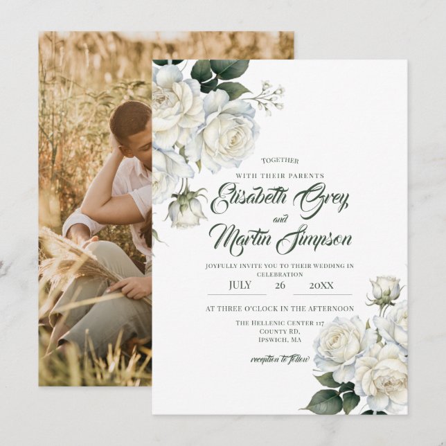 Invitación Rosas Bodas Florales Elegantes Sage (Anverso / Reverso)