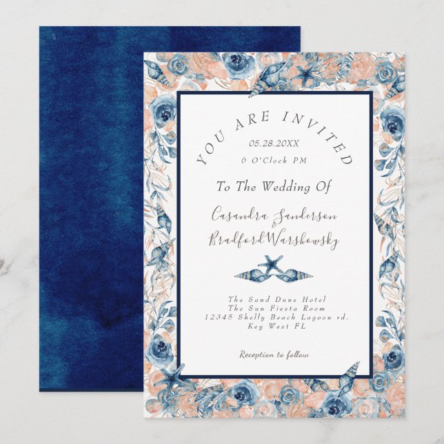 Invitación Rosas Bodas náuticos de las flores marinas (Anverso / Reverso)
