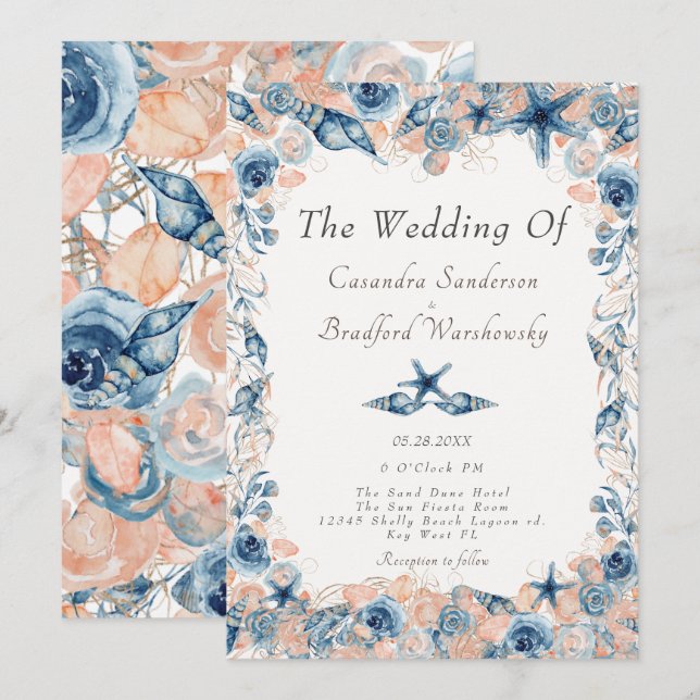 Invitación Rosas Bodas náuticos de las flores marinas (Anverso / Reverso)