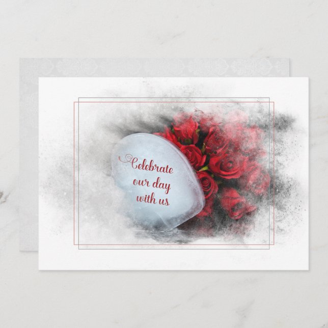 Invitación rosas bodas y corazón de hielo en marco texturado (Anverso / Reverso)