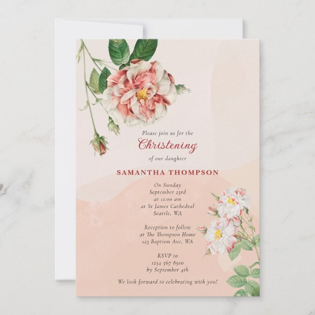 Invitación Rosas bohemias bautizan a niña (Anverso)