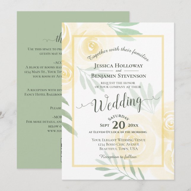 Invitación Rosas Boho Amarillas Caligrafía y Código QR Boda (Anverso / Reverso)