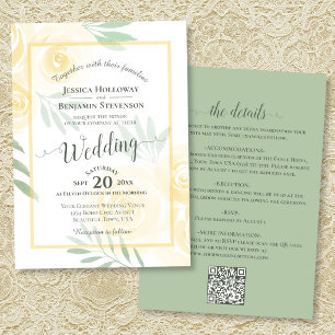 Invitación Rosas Boho Amarillas Caligrafía y Código QR Boda