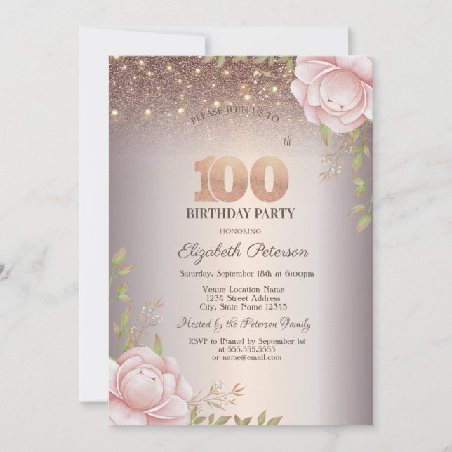 Invitación Rosas Boho, Luces de Cadena Brillantes Cumpleaños  (Anverso)