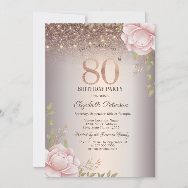 Invitación Rosas Boho, Luces de Cadena Brillantes Cumpleaños  (Anverso)