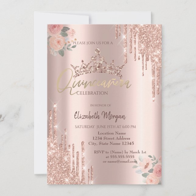 Invitación Rosas Boho Purpurina Crown Drop Quinceañera (Anverso)